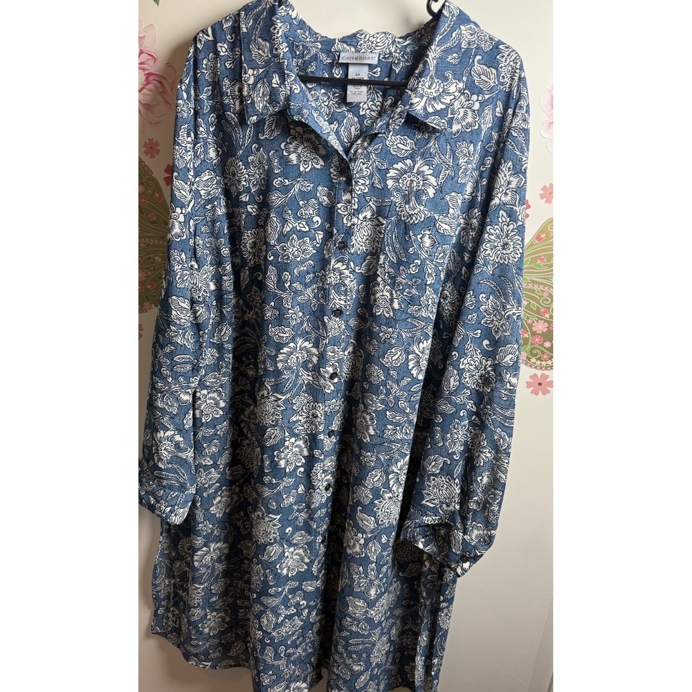 Catherines Blue Floral Button Front Shirt Dress Plus Size 2X 22/24W - Picture 1 of 3